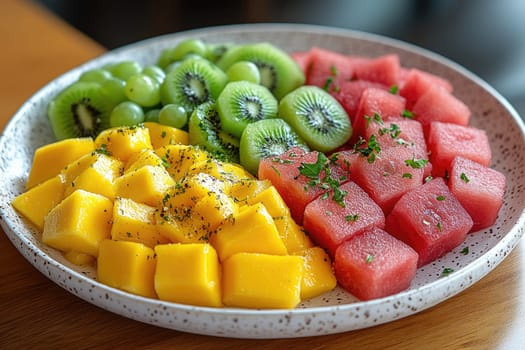 A colorful assortment of fresh fruits showcases diced mango, watermelon cubes, green grapes, and slices of kiwi arranged neatly on an elegant plate, garnished with mint.