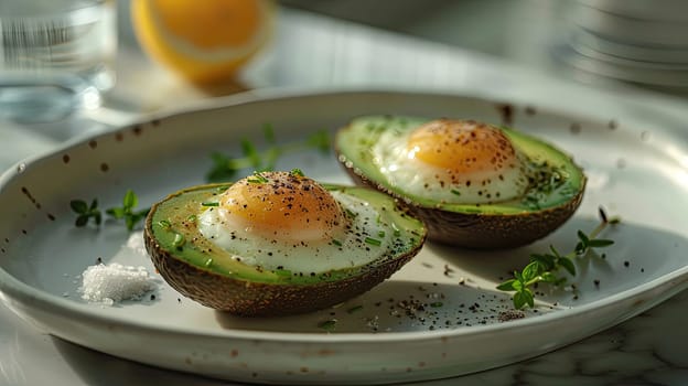 Two avocado halves are filled with baked eggs, sprinkled with herbs and pepper, presented on a marble table with a glass of water and lemon in the background.