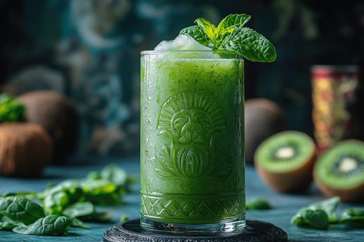 A vibrant green smoothie filled with healthy ingredients like spinach and kiwi is served in a detailed glass, garnished with mint. The background features tropical elements.
