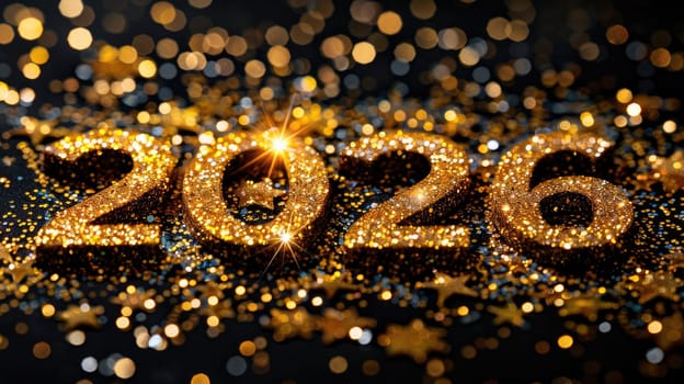 Golden numbers form 2026 surrounded by shimmering stars and glitter on a dark background, capturing the essence of New Year's celebrations with joy and warmth.