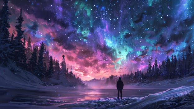 A stunning display of the aurora borealis lights up the night sky above a serene winter scene. A solitary figure stands by a river, surrounded by towering pine trees.