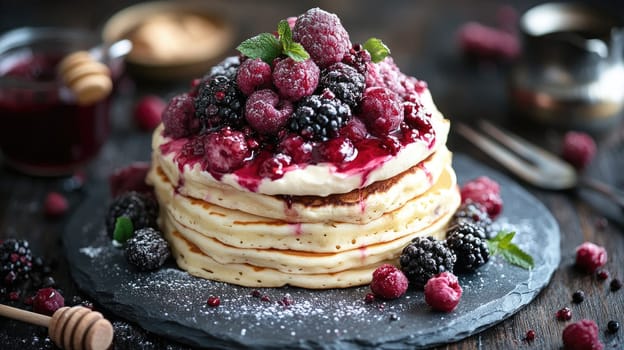 A tempting stack of fluffy pancakes is adorned with a medley of fresh raspberries and blackberries, generously drizzled with sweet syrup, creating an appealing dessert.