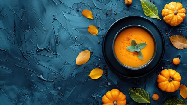 Rich orange pumpkin soup is elegantly presented in a black bowl, surrounded by small pumpkins and vibrant autumn leaves on a textured blue background, creating a cozy autumn atmosphere.