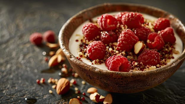 A rustic bowl holds creamy yogurt topped with fresh raspberries and quinoa, surrounded by scattered almonds on a dark textured surface. This healthy breakfast option looks inviting and nutritious.