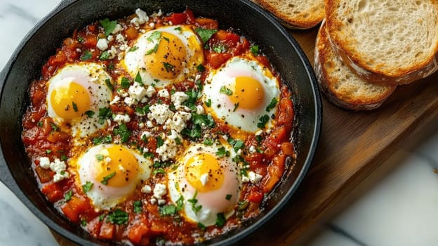 A flavorful dish of shakshuka with poached eggs nestled in a rich tomato sauce, garnished with herbs and accompanied by crispy toasted bread.