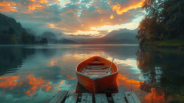 A wooden boat rests on still waters at sunset, capturing vibrant colors in the sky and reflections on the lake. Mountains provide a serene backdrop.