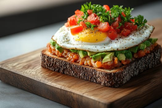 Freshly prepared avocado toast piled high with a sunny side up egg, diced tomatoes, and herbs on a rustic wooden board, perfect for a nutritious breakfast.