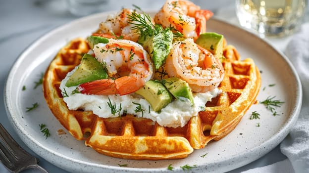 A golden waffle topped with succulent shrimp and creamy avocado sits on a well-set brunch table. Fresh herbs and cheese add flavor and style, complementing the delightful meal.