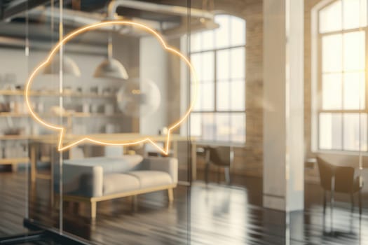 Semi-transparent speech bubble with glowing edges floats over a blurred office background, featuring wooden furniture, large windows, and pendant lights. ideal for communication, design, or modern office-related visuals.