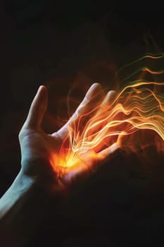 A captivating representation of sound waves seamlessly merging into a glowing human hand, symbolizing the connection between auditory and tactile sensations. the image uses vibrant light trails to convey energy and interaction.