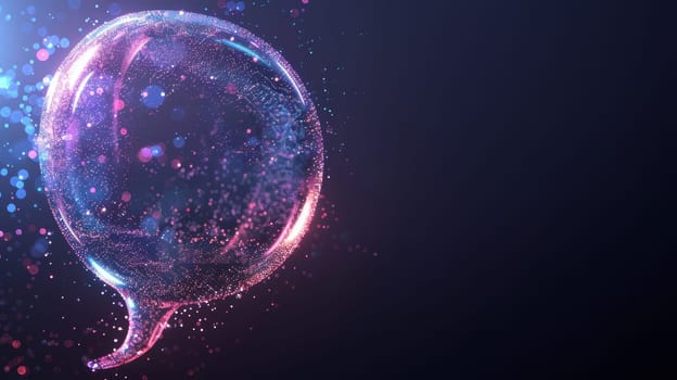 A glowing crystal-clear speech bubble shimmering with tiny, sparkling particles against a dark gradient background. ideal for themes of magic, elegance, or communication, adding a touch of enchantment to design projects.