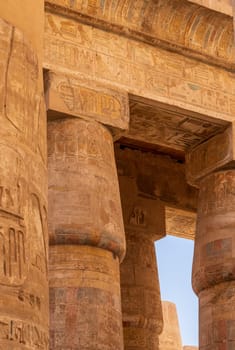 Detail of the carvings on the numerous stone columns supporting roof of Karnak Temple near Luxor