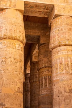 Detail of the carvings on the numerous stone columns supporting roof of Karnak Temple near Luxor
