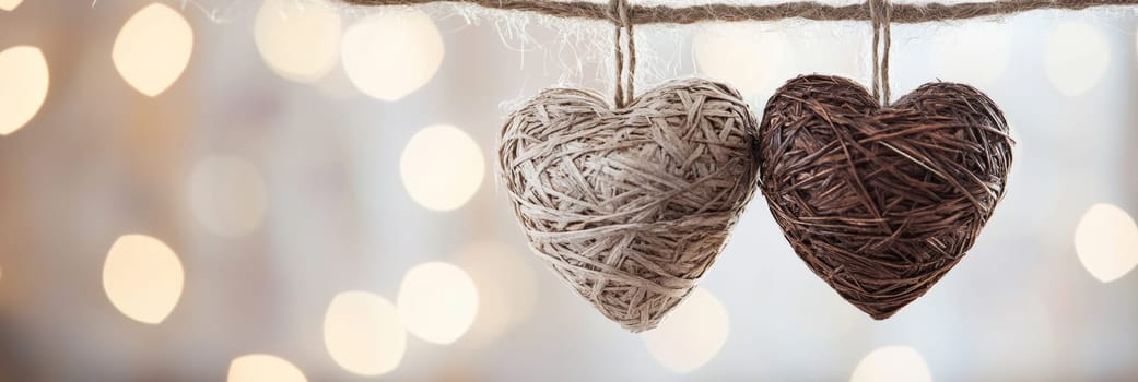 Valentines Day banner featuring beautiful woven hearts hanging against soft, sparkling background. Perfect for expressing love and romance. Ideal for card, decoration, social media post