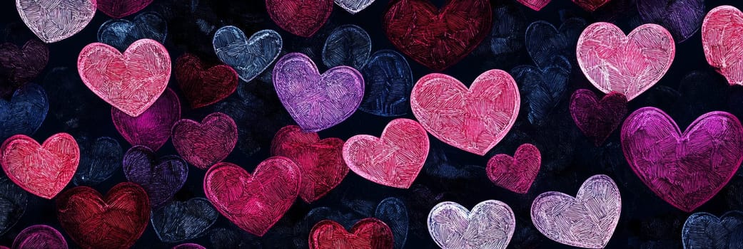 Vibrant Valentines Day banner filled with colorful hearts in shades of pink, red, and blue against dark background. Perfect for expressing love and joy, ideal for cards, decorations, social media