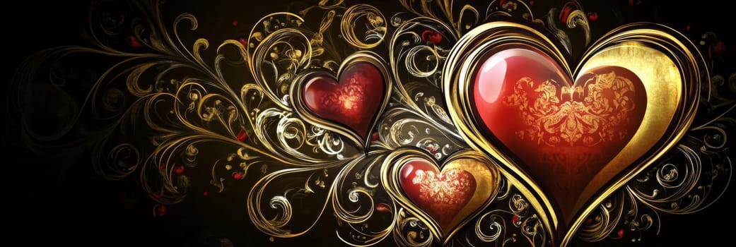 Elegant Valentines Day banner featuring ornate hearts intertwined with golden swirls on dark background. Perfect for expressing love and romance, ideal for decorations, cards, special events