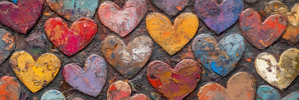 Colorful Valentines Day banner showcasing array of textured hearts in vibrant shades. Perfect for adding playful touch to celebrations, ideal for card, decorations, social media posts to express love