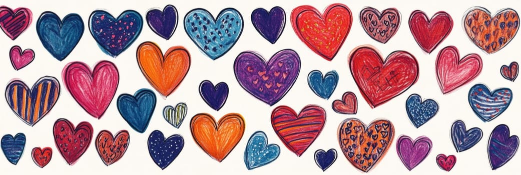 Playful Valentines Day banner filled with colorful hand-drawn hearts in various sizes and patterns. Perfect for adding cheerful touch to celebrations, ideal for card, decoration, social media sharing