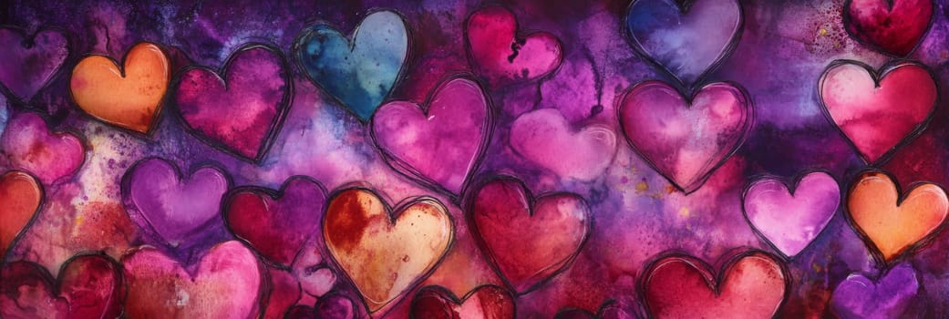 Vibrant Valentines Day banner showcasing array of watercolor hearts in shades of pink, purple, orange. Perfect for adding romantic touch to celebrations, ideal for decorations, cards, social media