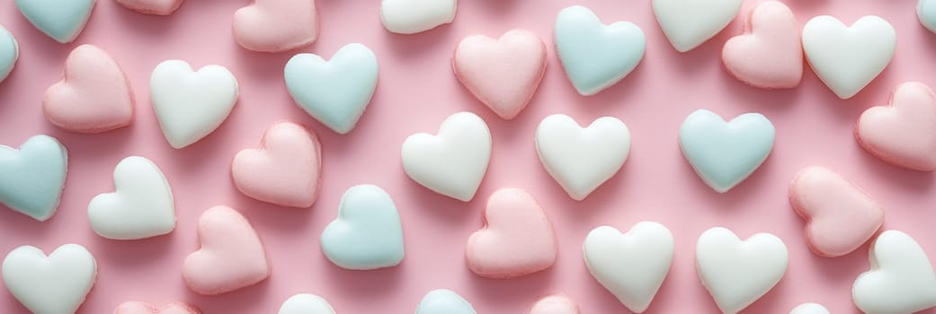 Charming Valentines Day banner featuring pastel-colored heart-shaped candies scattered on soft pink background. Perfect for adding sweet touch to celebration, for decoration, card, social media post