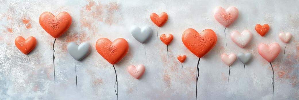 Charming Valentines Day banner featuring colorful hearts on whimsical stems against soft, textured background. Perfect for adding playful touch to decoration, romantic celebration, for all lovers
