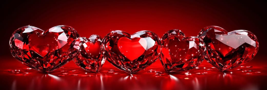 Stunning Valentines Day banner featuring sparkling red crystal hearts against rich red background. Perfect for adding touch of elegance and luxury to romantic celebration, for decoration, gift