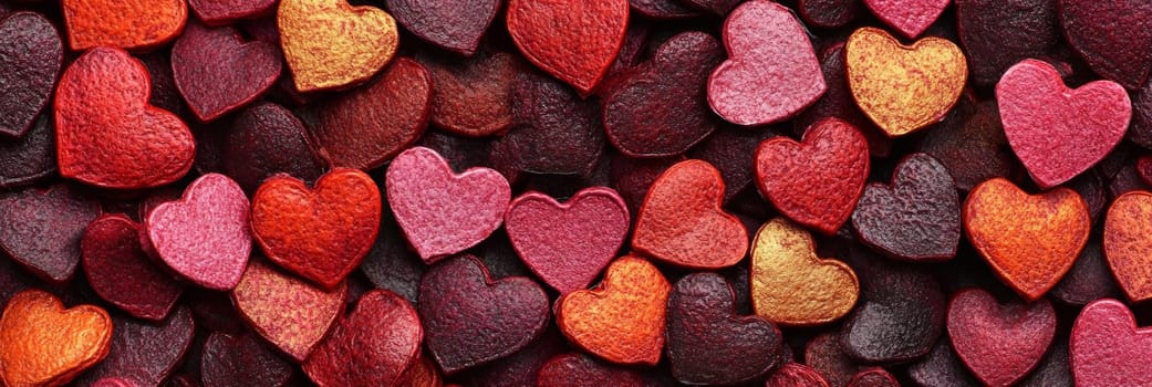 Vibrant Valentines Day banner showcasing array of colorful, textured hearts in shades of red, pink, orange. Perfect for adding warm, romantic touch to decorations, gifts, celebrations of love