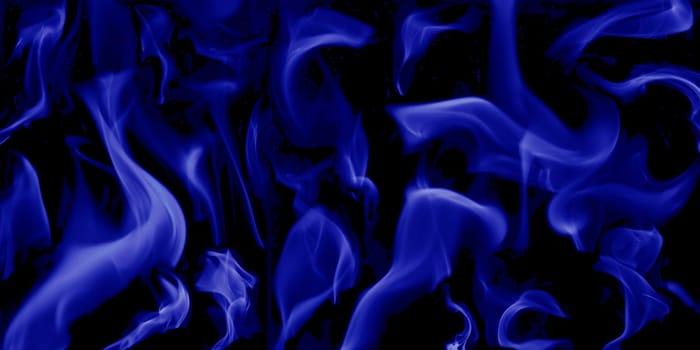 Verschiedene Flammen von einem Feuer in blau vor einem schwarzen Hintergrund
