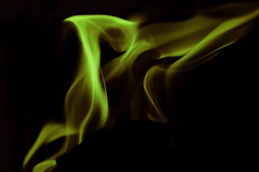 Flammen von einem Feuer in grün und gelb vor einem schwarzen Hintergrund