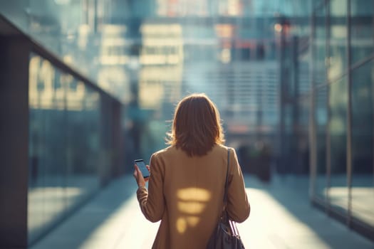 A woman walks through a modern urban setting, holding a smartphone, surrounded by glass buildings reflecting sunlight.