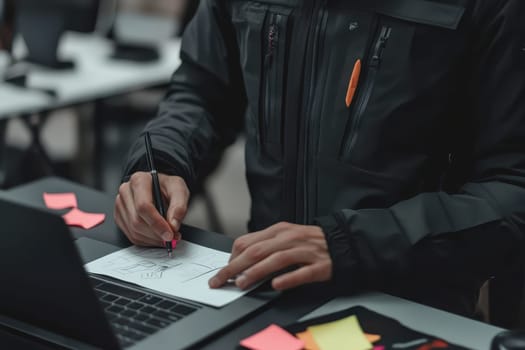 A person wearing a black jacket sketches design concepts on paper at a modern workspace, surrounded by sticky notes and a laptop, showcasing creativity and focus.