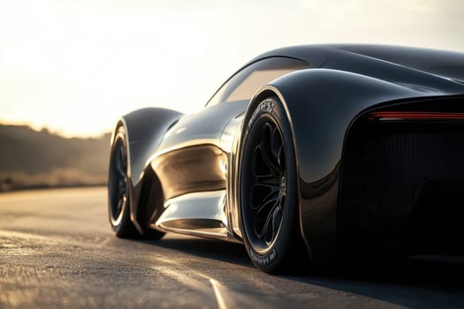 A striking black sports car with a futuristic design is showcased on an open road at sunset, exuding elegance and power while reflecting the glowing light.