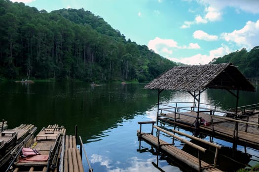 Bamboo rafts on the lake in the Pang Tong Under Royal Forest Park ( Pang Ung ), Mae Hong Son, Thailand. Pang Ung is a popular place to stay in a camping in the winter.