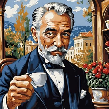 old man drinking coffee, cafe cup illustration. High quality illustration alt