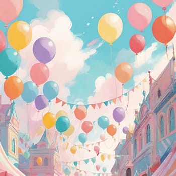 holiday festival painting paint inflatable balloons street carnival, watercolor blue sky pink yellow gentle style illustration art. High quality illustration