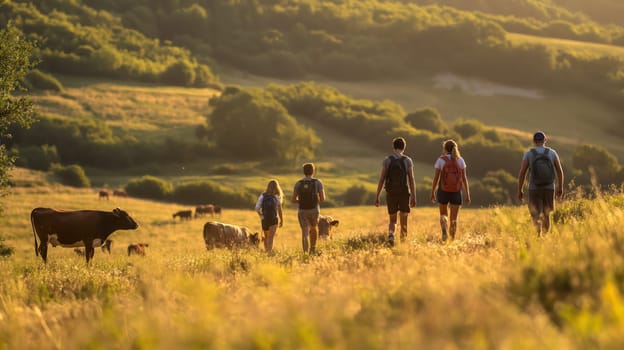 A group of tourists hikes through the countryside. Generative AI image