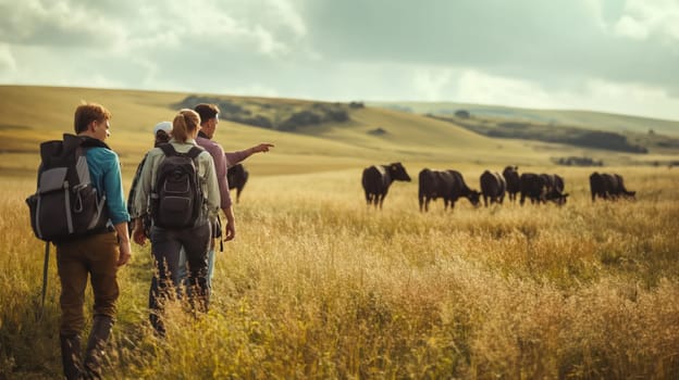 A group of tourists hikes through the countryside. Generative AI image