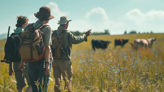 A group of tourists hikes through the countryside. Generative AI image