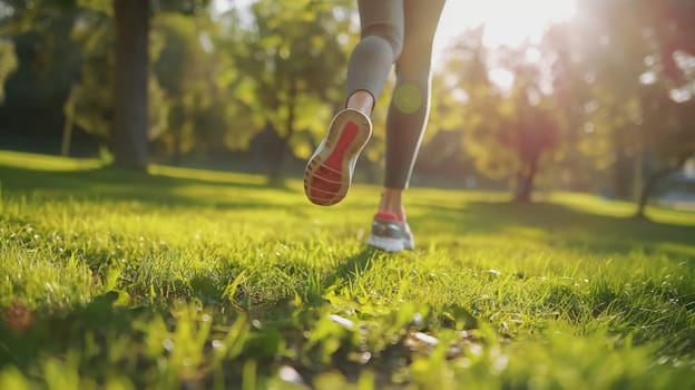 Athletic fitness girl running in the park in nature. Generative AI image