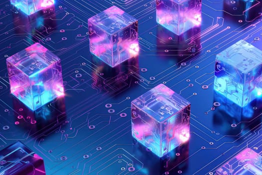 Glowing blue purple neon circuit board chip tech background with glass cubes. Generative AI design