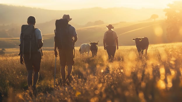 A group of tourists hikes through the countryside. Generative AI image