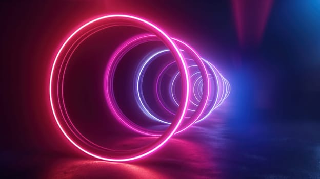Blue purple neon futuristic rings abstract background. Generative AI design
