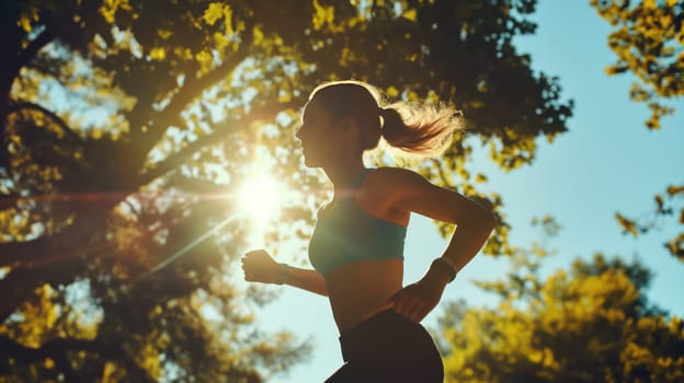 Athletic fitness girl running in the park in nature. Generative AI image