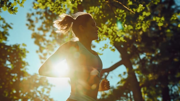 Athletic fitness girl running in the park in nature. Generative AI image