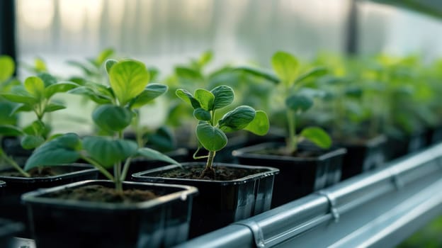 Green young seedlings in the greenhouse. Generative AI image
