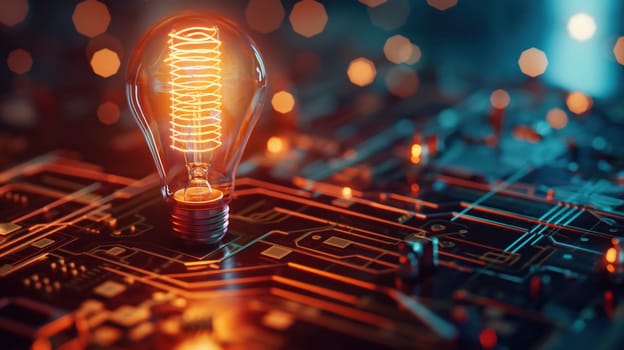 Glowing light bulb as CPU on motherboard circuit board. Generative AI design