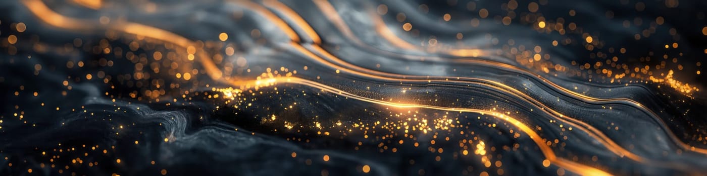 Abstract black stone and golden glowing grunge texture background. Generative AI banner design