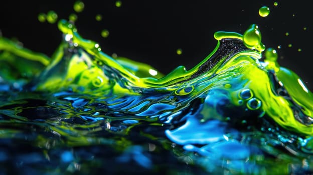Green and blue liquid mixed on a black background. Generative AI image