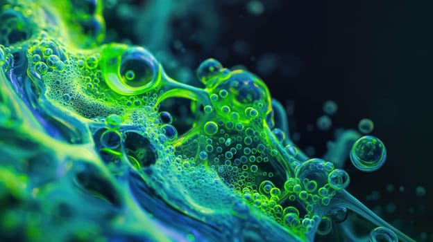Bright green and blue liquid background. Generative AI image
