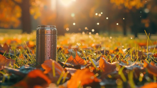 Metal thermos in the autumn forest. Generative AI image